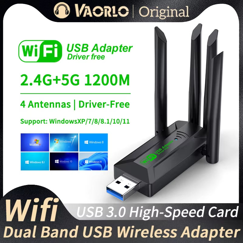 1200Mbps Wifi USB Adapter Dual Band 2.4G+5Ghz Wi-Fi Dongle 4 Antenna 802.11AC USB3.0 High-Speed Wireless Card Receiver Pc/Laptop